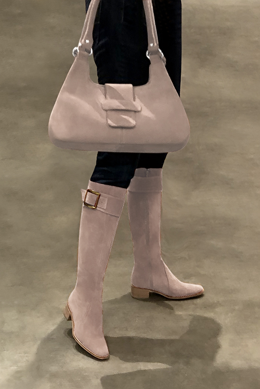 Powder pink women's riding knee-high boots. Round toe. Low leather soles. Made to measure. Worn view - Florence KOOIJMAN